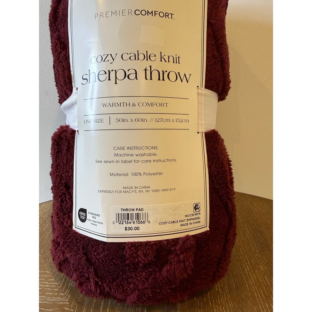 Premier Comfort Sherpa Throw Cozy Cable Knit Blanket Burgundy 50x60 NEW